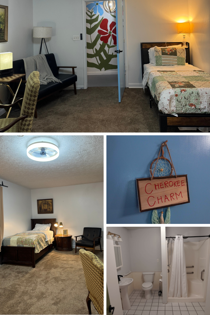Accessible senior suite with mobility-friendly bathroom, writing desk, and neighborhood views.
