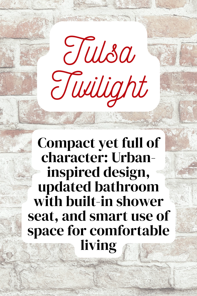 Urban-inspired compact assisted living suite with updated bathroom and built-in shower seat. Located near Tulsa, Oklahoma
