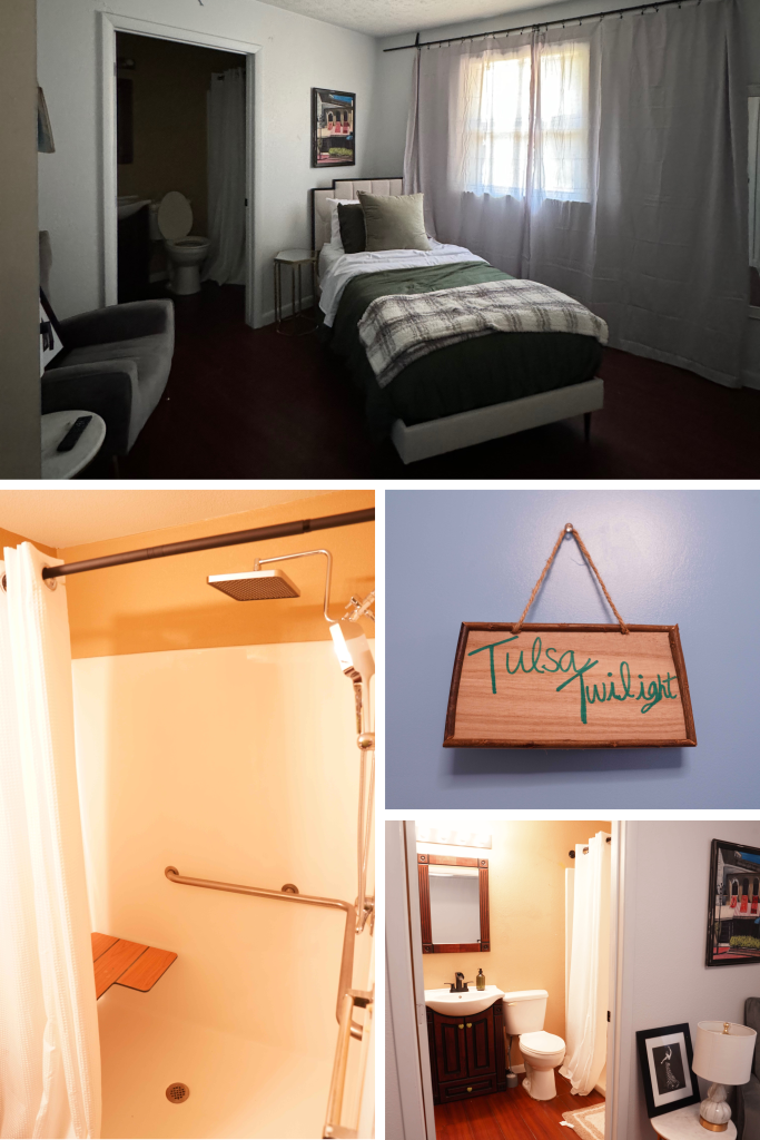 Modern urban-style assisted living suite with accessible bathroom and shower seat. Located near Tulsa, OK