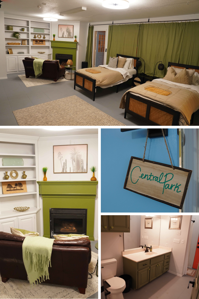 Premium assisted living suite with cozy fireplace, private patio, and indoor storm shelter.
