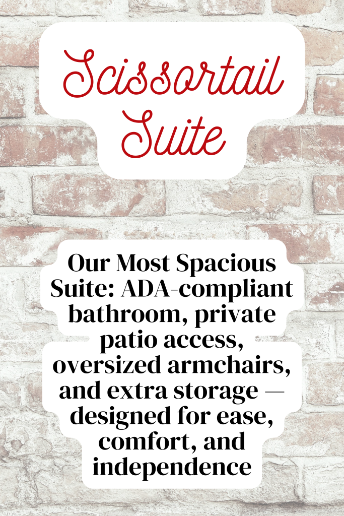 Spacious ADA-compliant assisted living suite with private patio and oversized chairs.