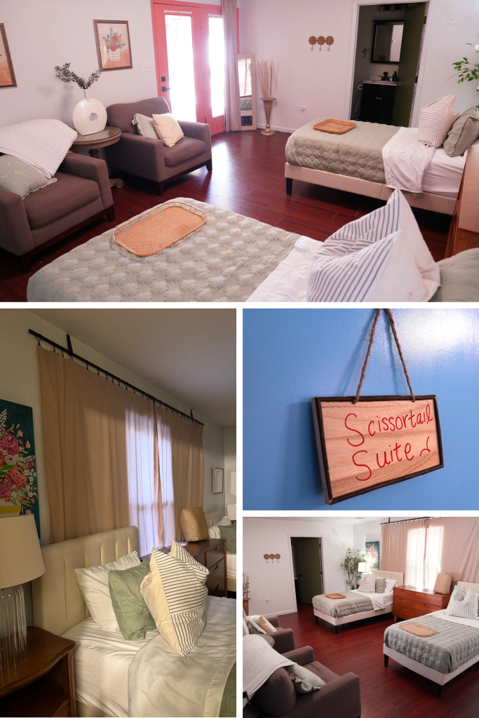 Accessible senior living suite with ADA bathroom, patio access, and ample storage.