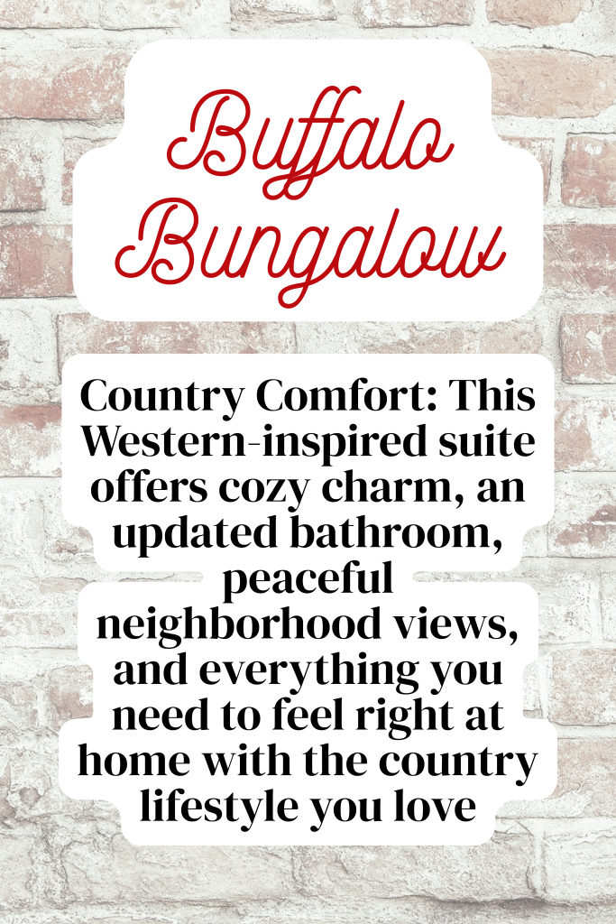 Western-inspired senior living suite with rustic décor, updated bathroom, and neighborhood views.