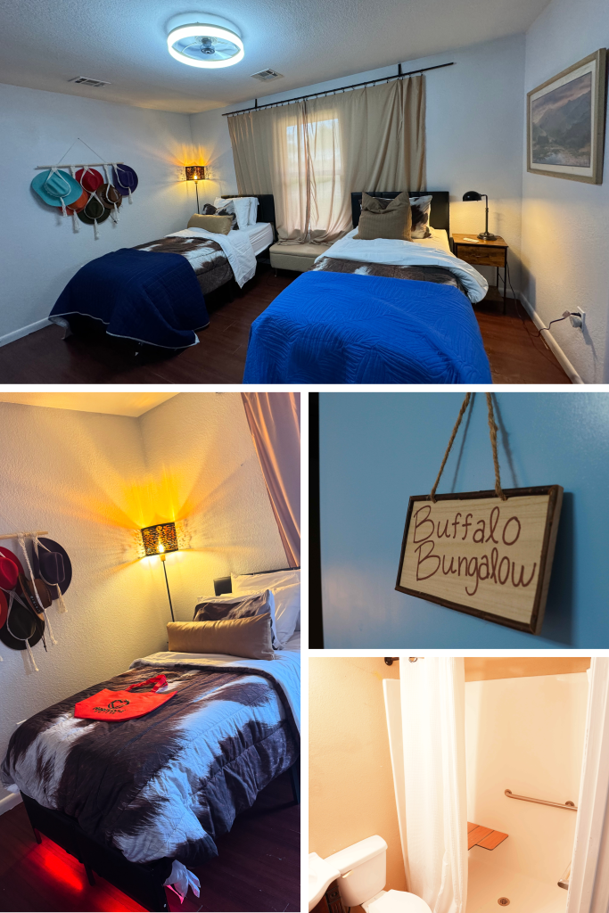 Rustic Western-style assisted living suite with neighborhood views and updated bathroom.