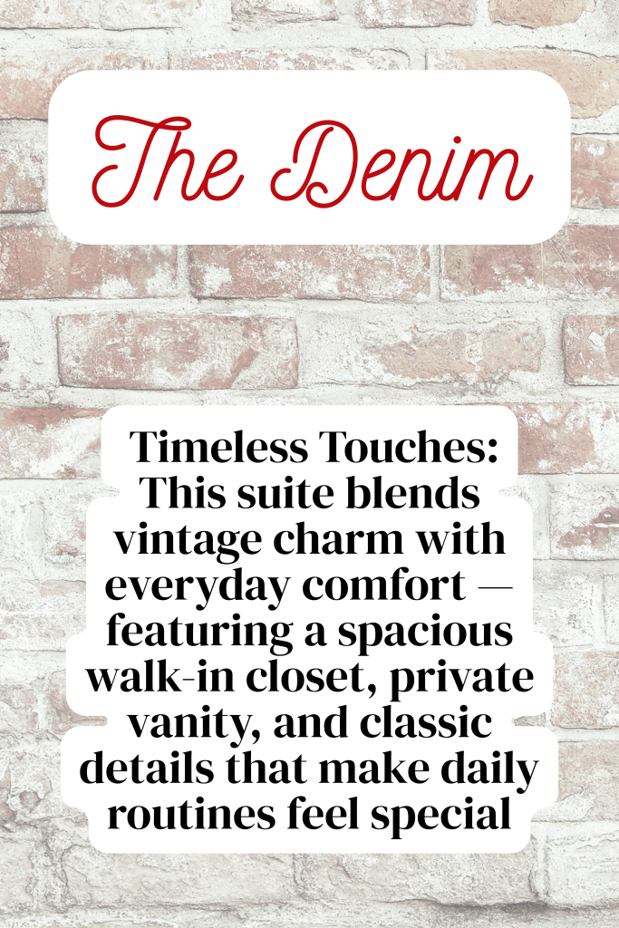 Vintage-inspired senior suite with walk-in closet and private vanity.