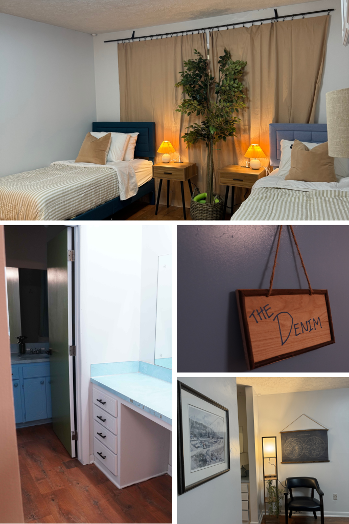 Classic vintage-style senior living suite with walk-in closet and private vanity.